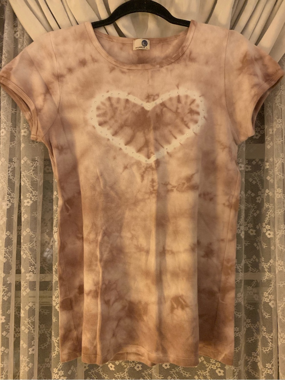 ONE WORLD Beige Brown Tie-Dye Short Sleeve Top with Heart Stud Detail